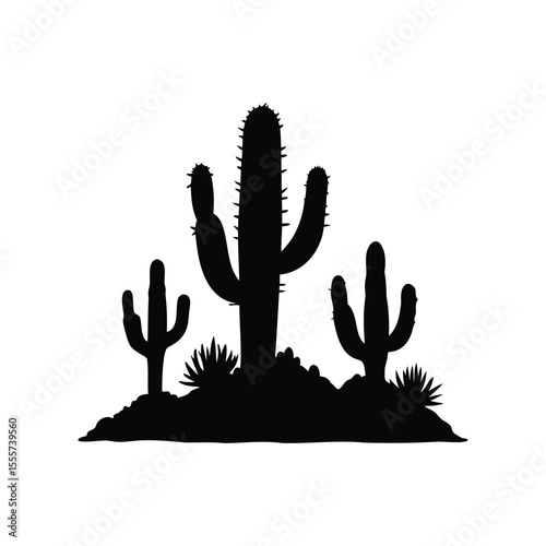 Black silhouette of desert scene with cacti and other vegetation on white