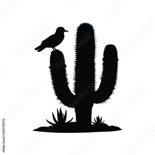 Black silhouette of a bird perched atop a Saguaro cactus, desert scene