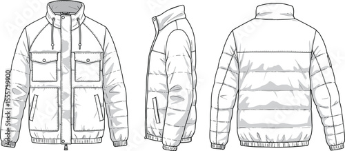 CAD drawing flat vector illustration of hooded winter utility jacket, front side and back views, high collar, pocket detail, technical garment sketch, stylish outerwear layout