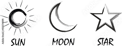 Hand-drawn brush stroke icons of sun, moon, and star, representing celestial elements with a grunge aesthetic, perfect for minimalist designs, spiritual themes, and astrological graphics