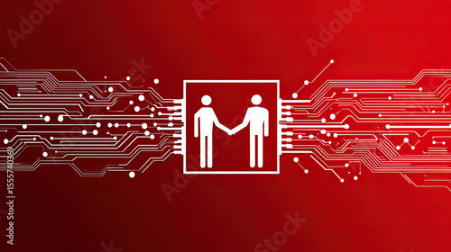 Two people shaking hands in a digital circuit board network on a red background