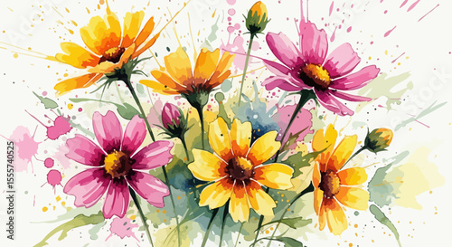  A floral explosion of color and energy—wildflowers rendered in abstract watercolor style with dynamic splatters and joyful hues
