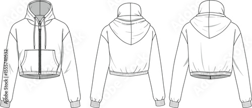 CAD drawing flat vector illustration of puffer jacket with hood, front side and back views, winter outerwear design, technical sketch, stylish garment layout, apparel template