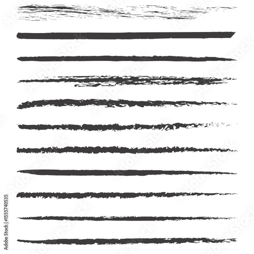 Various black brush strokes showcasing different textures and widths on a white background for artistic expression and design