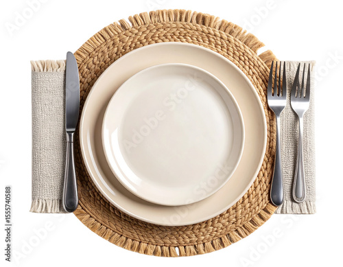 Jute Placemat Styled in Minimal Table Setting with Cutlery, Overhead View, Isolated on White
