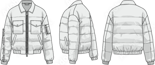 CAD drawing flat vector illustration of bomber jacket, front side and back views, zipper and pocket detail, garment construction layout, stylish outerwear sketch, fashion template