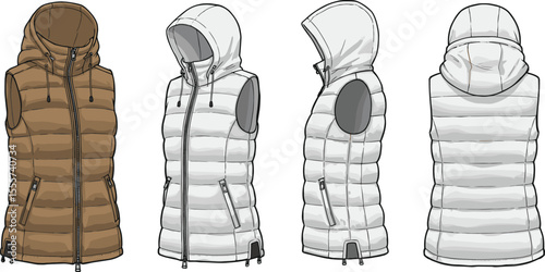 CAD drawing flat vector illustration of puffer vest styles, hooded and sleeveless design, front side and back views, fashion sketch, technical apparel layout, winter outerwear template
