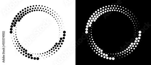 Modern abstract background. Halftone dots in circle form. Round logo. Vector dotted frame. Design element or icon. Black shape on a white background and the same white shape on the black side.