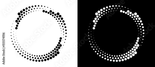 Modern abstract background. Halftone dots in circle form. Round logo. Vector dotted frame. Design element or icon. Black shape on a white background and the same white shape on the black side.