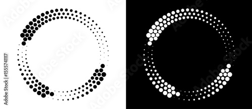 Modern abstract background. Halftone dots in circle form. Round logo. Vector dotted frame. Design element or icon. Black shape on a white background and the same white shape on the black side.