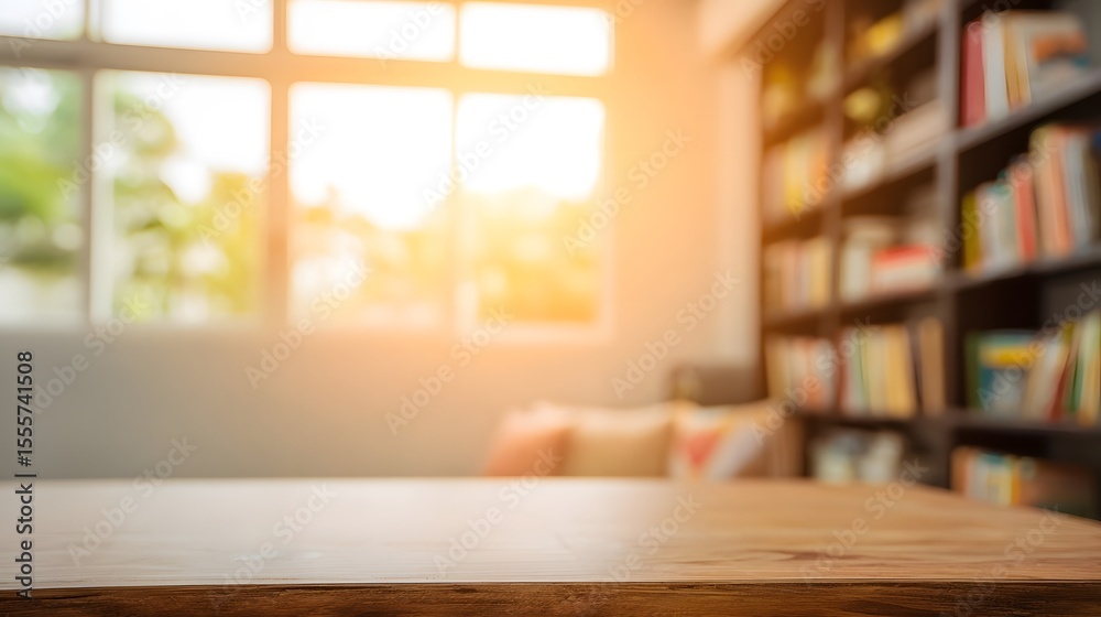 Fototapeta premium Sun - Lit Wooden Table in Cozy Home Library with Bookshelves and Cushioned Seating 