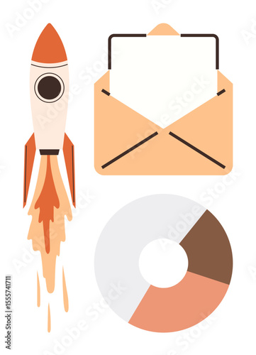 Rocket launching upward, open envelope, and segmented pie chart convey growth, communication, and analysis. Ideal for business growth, communication campaigns, marketing, innovation productivity