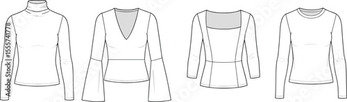 CAD drawing flat vector illustration of zip-up hoodie, front and back views, athletic fit design, technical seam detail, fashion sketch, garment template, activewear apparel layout