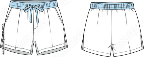 CAD drawing flat vector illustration of summer shorts, front and back views, drawstring waistband, pocket detail, fashion apparel sketch, clothing design template, technical garment layout