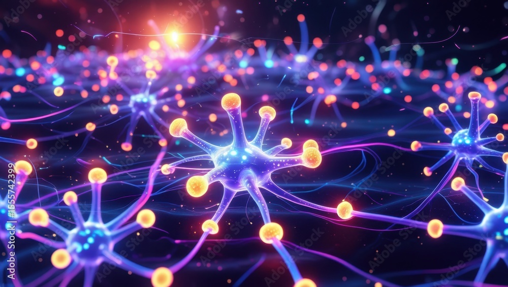 Fototapeta premium High-resolution digital illustration of brain neurons communicating via glowing synapses