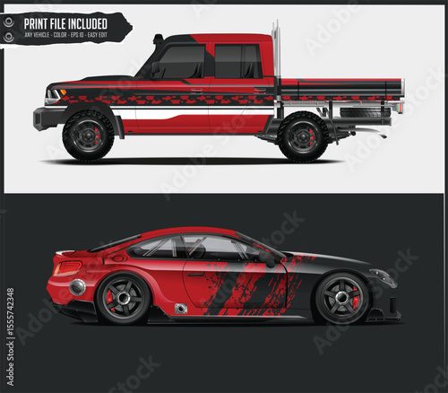 Red and Black Car Wrap Designs for Pickup Truck and Sports Car