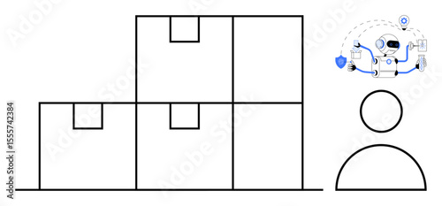 Stacked cardboard boxes, user symbol, and robot interacting with logistics system highlighting automation, efficiency. Ideal for technology, logistics, robotics, automation, warehouse inventory