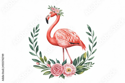 Elegant pink flamingo adorned with floral wreath watercolor