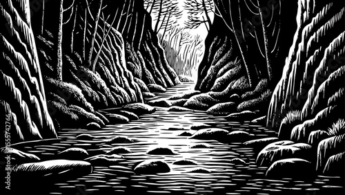 Cold mountain stream flowing through a narrow canyon, a black and white sketch vector hand drawn