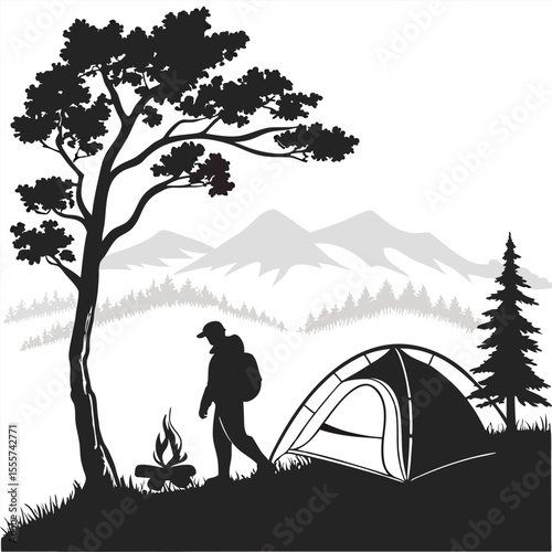 silhouette camping on white backgroun