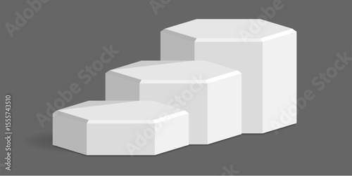 Hexagon podium stage pedestal and platform scene, a modern geometric display composition. Ideal for product showcases, awards presentations, digital promotions, and abstract architectural concepts.