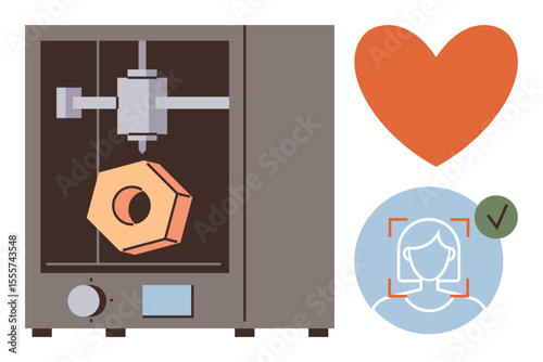 3D printer fabricating hexagonal object, orange heart as symbol of user preference, facial recognition interface for personalization. Ideal for technology, innovation, creativity, customization, user