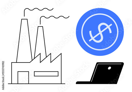 Factory with chimneys, dollar sign in a circle, and laptop symbolizing industry, finance, and technology. Ideal for commerce, digital economy, manufacturing, innovation business strategy