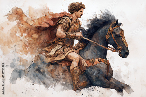 Watercolor Illustration of Alexander the Great on Horseback. Ancient Warrior in Classical Armor with Flowing Cape and Heroic Expression in Historical Artistic Style