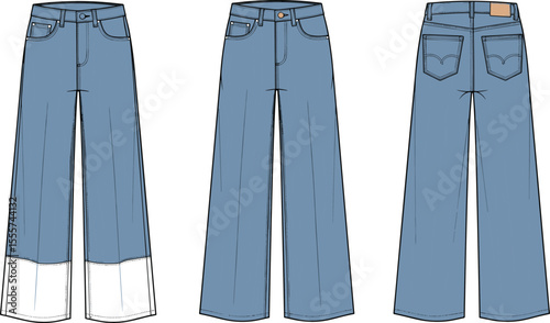 Flat sketch of women's denim wide leg jeans with front and back views, contrast cuff hem, classic pockets, fashion illustration

 flat vector illustration