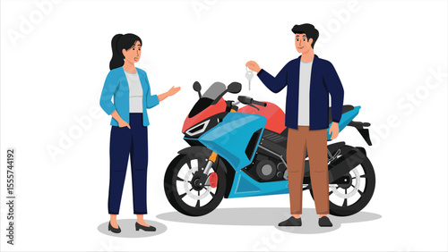 flat color vector of buyer and seller buying or renting a motorcycle vehicle