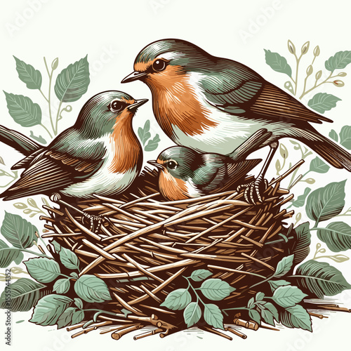 Birds in a nest, nurturing mood, detailed illustration, surrounded by foliage