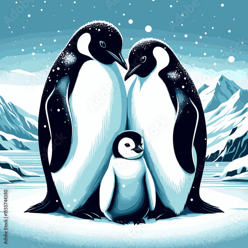 Family of penguins, chilly mood, stylized illustration, in a snowy landscape