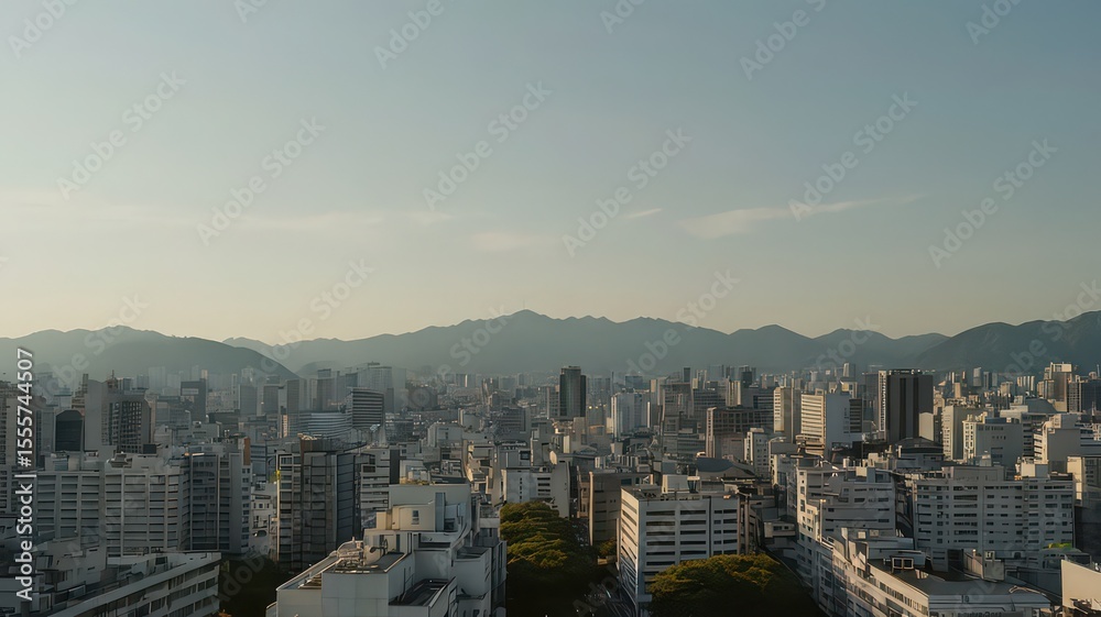 Obraz premium Cityscape of Hiroshima at Dusk – Urban Skyline with Mountain Backdrop