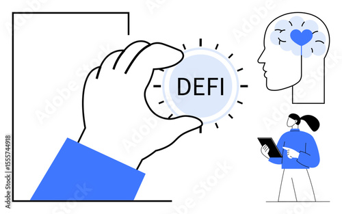 Hand holding DEFI coin, human brain with heart symbol, and woman with tablet. Ideal for finance, cryptocurrency, blockchain, innovation, digital economy, fintech education simple landing page