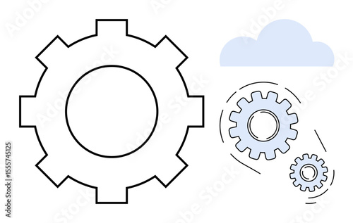 Large central gear with smaller overlapping gears and a blue cloud. Ideal for innovation, automation, technology, efficiency, process management, networking, cloud systems. Simple flat metaphor