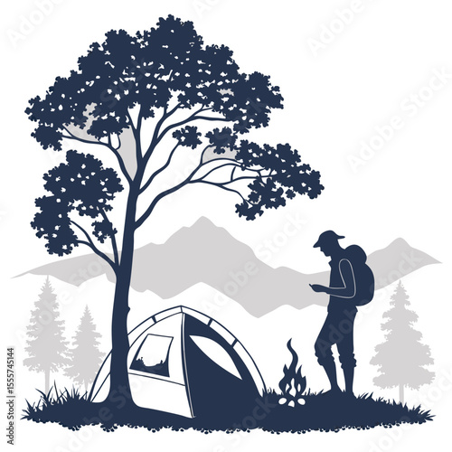 silhouette camping on white backgroun