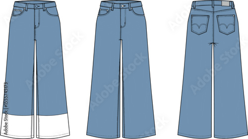 Flat fashion sketch of women's denim wide leg jeans, contrast cuff hem, front and back view, technical design illustration

 flat vector illustration