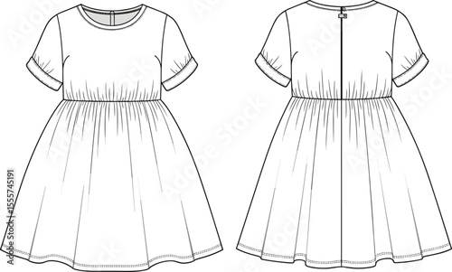 Flat fashion sketch of girls gathered short sleeve dress, front and back view, technical drawing for kidswear clothing design

 flat vector illustration