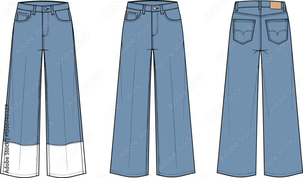 custom made wallpaper toronto digitalFlat sketch front and back view of denim wide leg jeans with contrast cuff, classic pockets, waistband, fashion illustration design
flat vector illustration