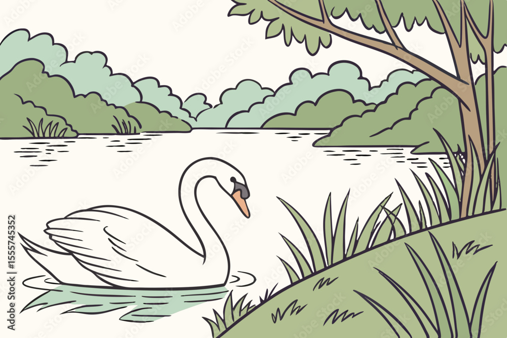 Obraz premium White Swan Swimming on Lake with Green Trees | Nature Art