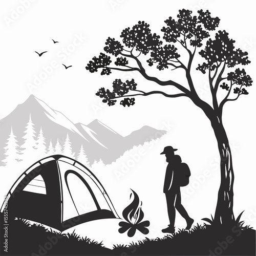 silhouette camping on white backgroun