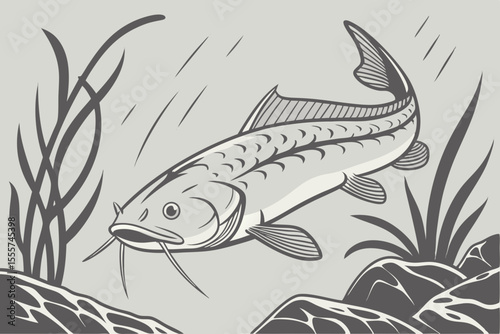 Freshwater Fish with Aquatic Plants and Rocks Illustration