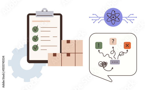 Clipboard with checklist, stacked boxes, thought bubble with decision paths, gear, and atom icon. Ideal for productivity, organization, problem-solving, logistics planning analytics workflow