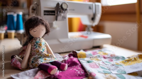 A doll is sitting on a table next to a sewing machine