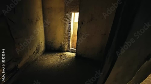 Cobwebs sway in the draft of an old house at night creating an eerie atmosphere, Cobwebs Move In Draft In Old House At Night