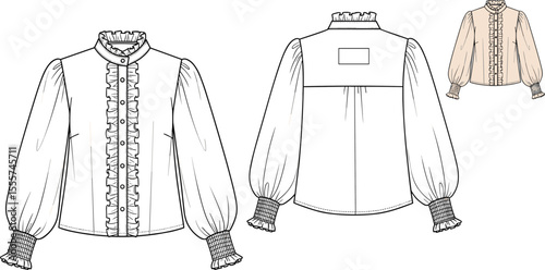 Flat sketch of ruffle blouse with smocked cuffs, high neck, front button placket, long puff sleeves, detailed fashion illustration

 flat vector illustration
