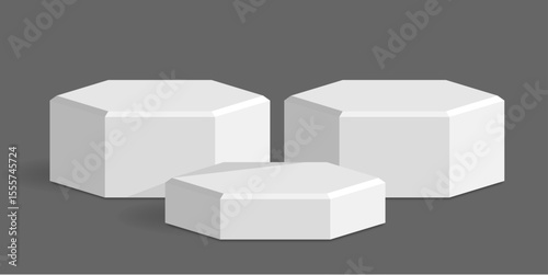 Hexagon podium stage pedestal and platform scene, a modern geometric display composition. Ideal for product showcases, awards presentations, digital promotions, and abstract architectural concepts.
