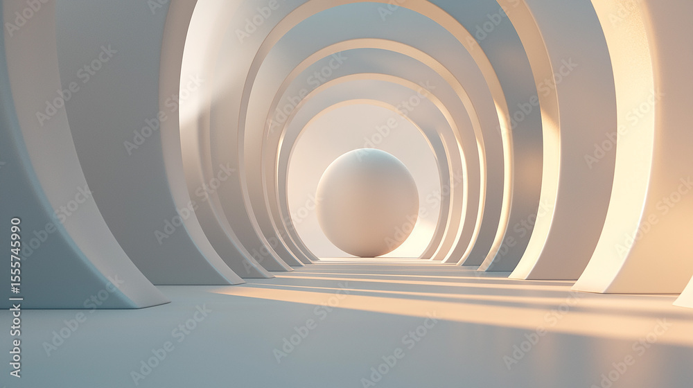 Fototapeta premium Light tunnel with geometric patterns and futuristic metallic textures creating a round, steel perspective design