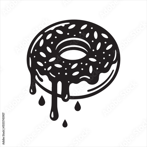 Black donut with white sprinkles and frosting silhouette style