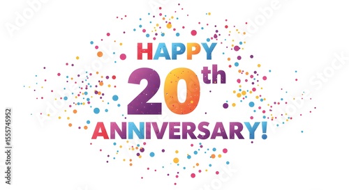 Colorful HAPPY 20th ANNIVERSARY! with dots on white background, ideal for celebration templates.